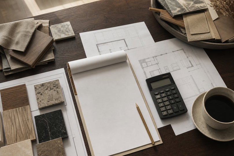 Próbki materiałów, kalkulator i rzut wnętrza używane do wyceny projektu