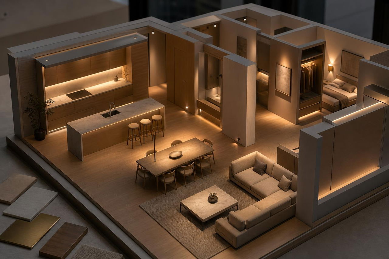 Model apartamentu z pokazanymi warstwami światła dla kuchni, salonu, stołu i ciągów komunikacyjnych