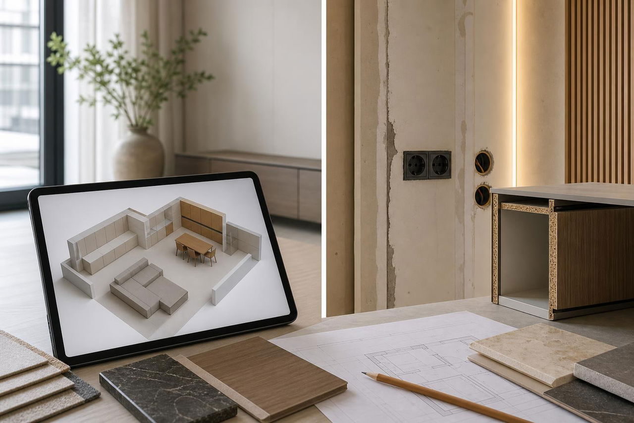 Granica między wizualizacją wnętrza a realnym projektem wykonawczym z instalacjami i próbkami materiałów