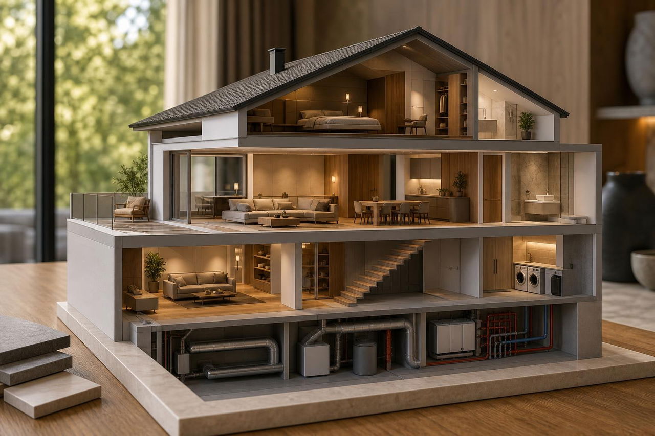 Model domu jednorodzinnego podzielony na warstwy zakresu projektu wnętrz