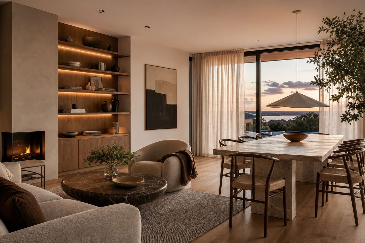 Gotowy salon w apartamencie po realizacji pod klucz z drewnianą podłogą i kamiennym stolikiem