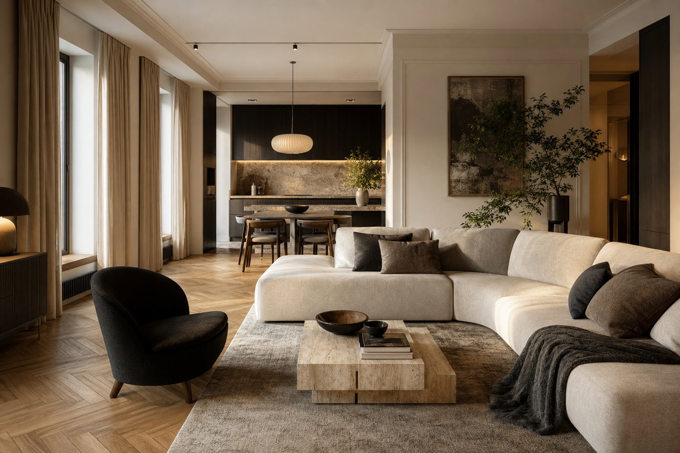 Gotowy apartament po wykończeniu pod klucz z drewnem, kamieniem i miękkim światłem