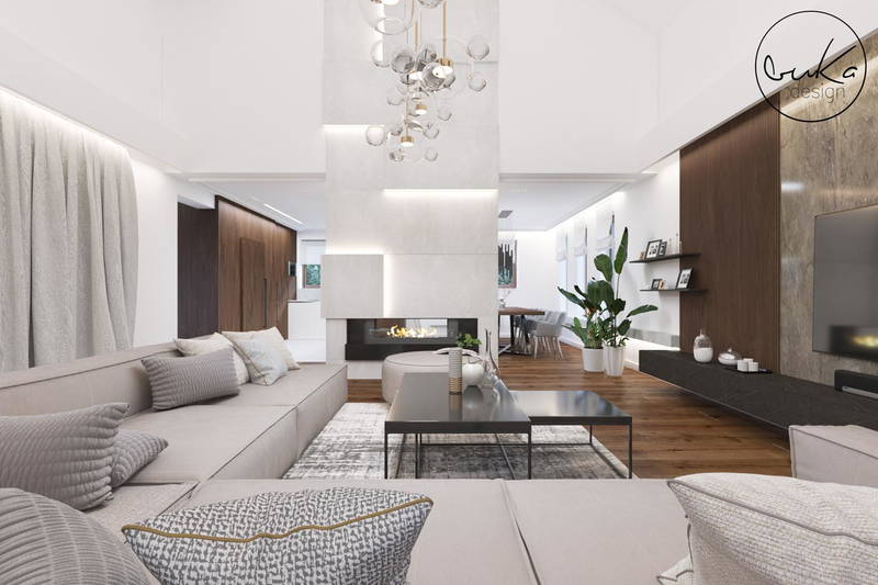 Chic Escape — dom w Kokotowie, strefa dzienna z kominkiem