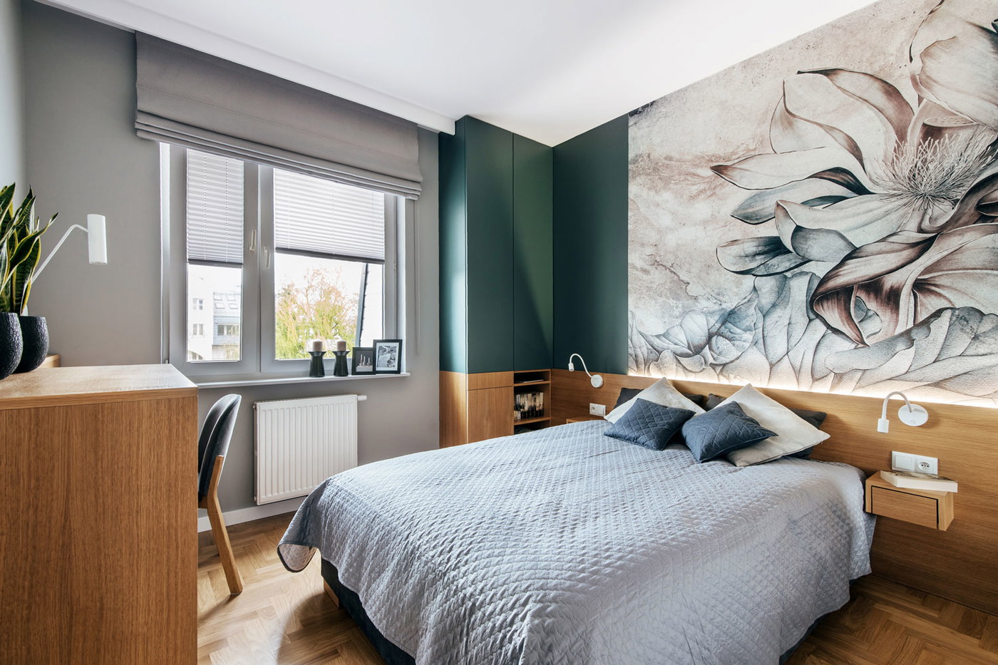 Klimatyczna sypialnia, ujęcie 1 — projekt apartamentu, Kraków, projekt buKadesign