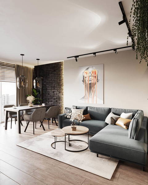 Modern Industrial — strefa dzienna z industrialnymi detalami