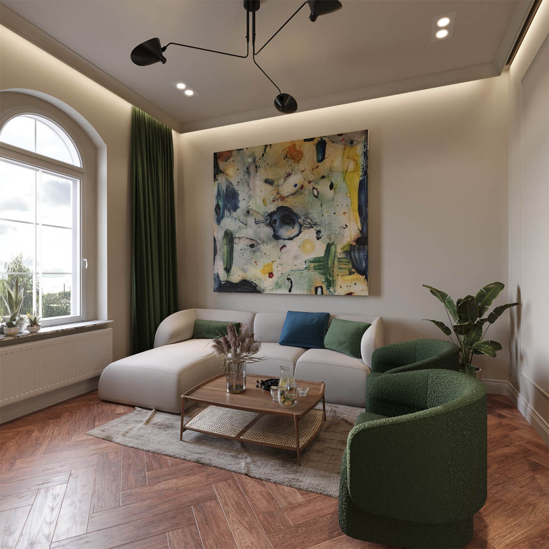 Vintage charm, ujęcie 2 — projekt apartamentu, Kraków, projekt buKadesign