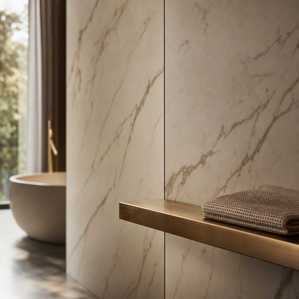 Płyta wielkoformatowa porcelanowa 1200×2800 mm na ścianie prysznica w odcieniu honed Calacatta z wąską mosiężną półką.