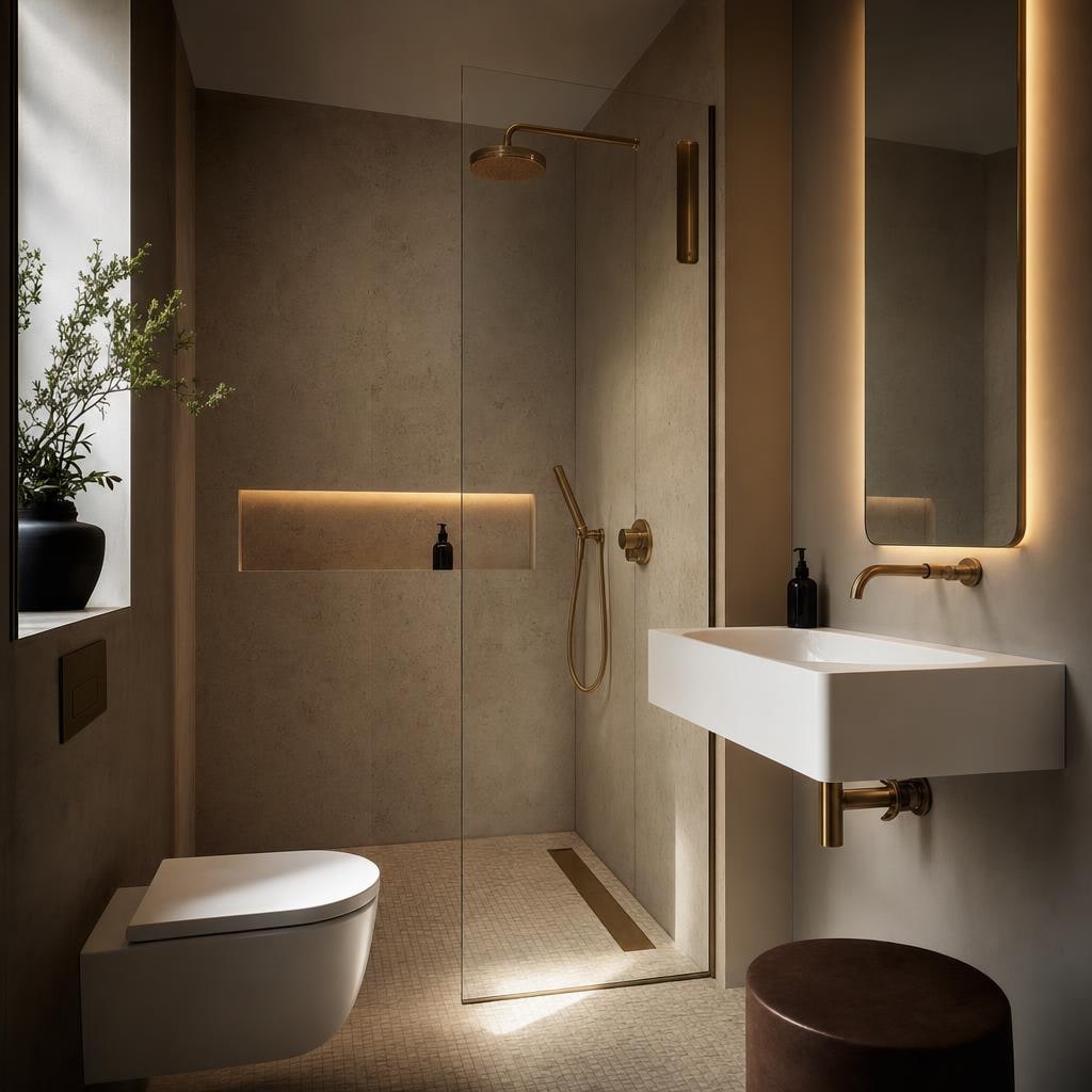 Mała kompaktowa łazienka gościnna 3-4 m² z prysznicem walk-in i jedną umywalką, premium minimal.