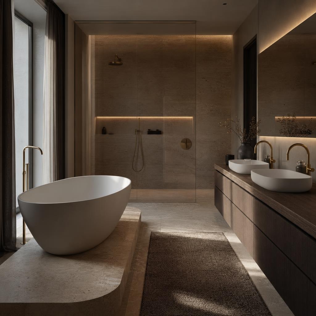 Master bathroom 6-8 m² z wanną wolnostojącą na podium z trawertynu, walk-in prysznicem i podwójną umywalką.