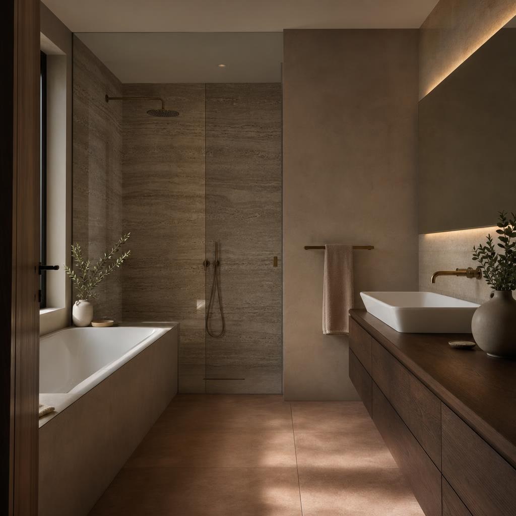 Rodzinna łazienka 4-6 m² z wanną wbudowaną, prysznicem walk-in i pojedynczą umywalką w drewnianej zabudowie.