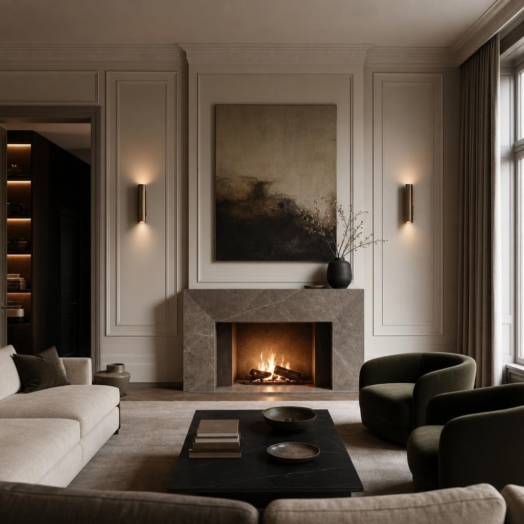 Wnętrze modern classic ze sztukaterią, symetrią i współczesnymi detalami